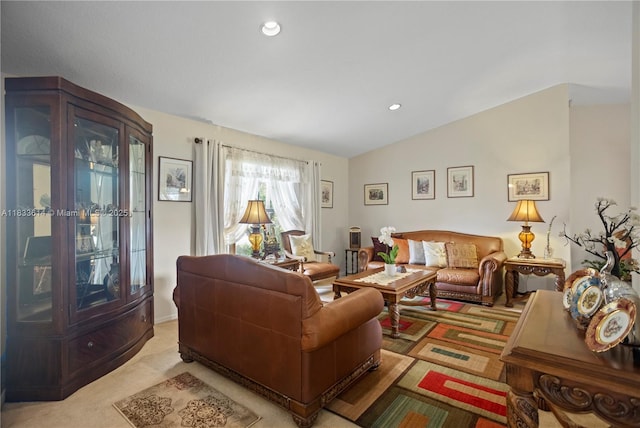 15824 Cotswold Ct, Davie, FL 33331 - living room featuring vaulted ceiling, recessed lighting, and light colored carpet