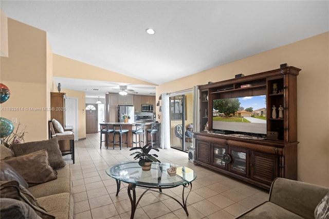 15824 Cotswold Ct, Davie, FL 33331 - living room featuring vaulted ceiling, recessed lighting, a ceiling fan, and light tile patterned flooring