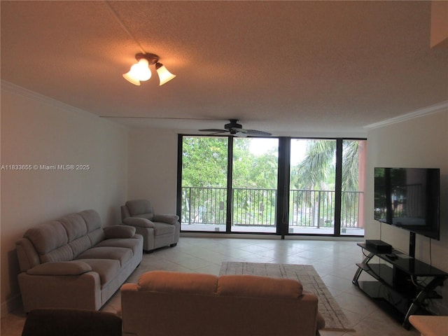 1101 River Reach Dr Unit 418, Fort Lauderdale, FL 33315 - living area featuring floor to ceiling windows, tile patterned floors, crown molding, ceiling fan, and a textured ceiling