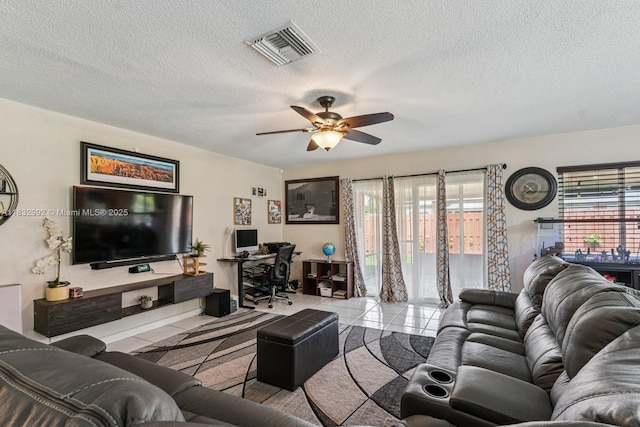 8107 NW 73rd Ter, Tamarac, FL 33321 - tiled living room with ceiling fan, healthy amount of natural light, a textured ceiling, and a desk