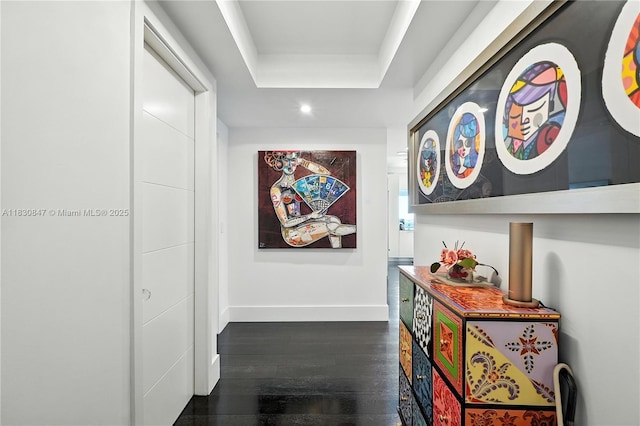 1435 Brickell Ave Unit 3512, Miami, FL 33131 - hall with dark wood-style floors, recessed lighting, and a tray ceiling