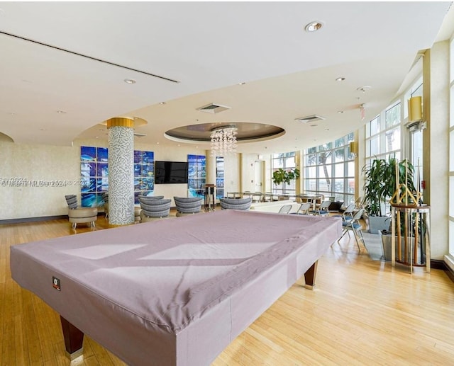 244 Biscayne Blvd Unit 440, Miami, FL 33132 - game room with pool table, ornate columns, light wood-type flooring, and recessed lighting