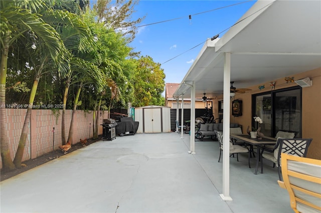 5400 NW 184th St, Miami Gardens, FL 33055 - view of patio with a storage shed, an outdoor living space, and ceiling fan