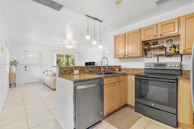220 NW 35th Ct, Oakland Park, FL 33309 - kitchen featuring dishwasher, electric stove, ceiling fan, a peninsula, and light tile patterned floors