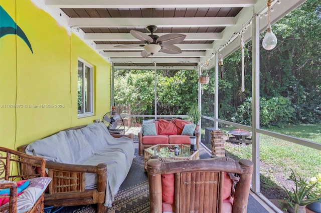 220 NW 35th Ct, Oakland Park, FL 33309 - sunroom / solarium with an outdoor hangout area, ceiling fan, and beam ceiling