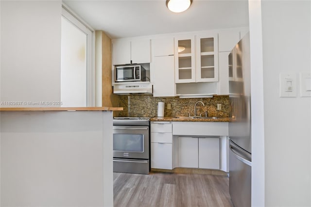 2400 NE 9th St Unit 201, Fort Lauderdale, FL 33304 - kitchen featuring appliances with stainless steel finishes, under cabinet range hood, white cabinetry, tasteful backsplash, and light wood-type flooring
