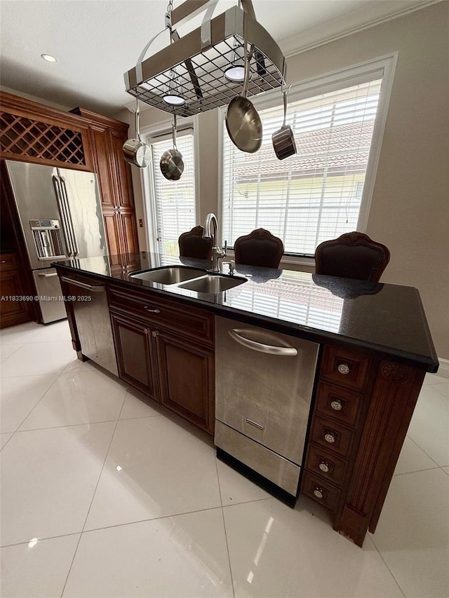 14601 SW 30th St, Miami, FL 33175 - kitchen featuring stainless steel appliances, dark countertops, light tile patterned floors, and recessed lighting