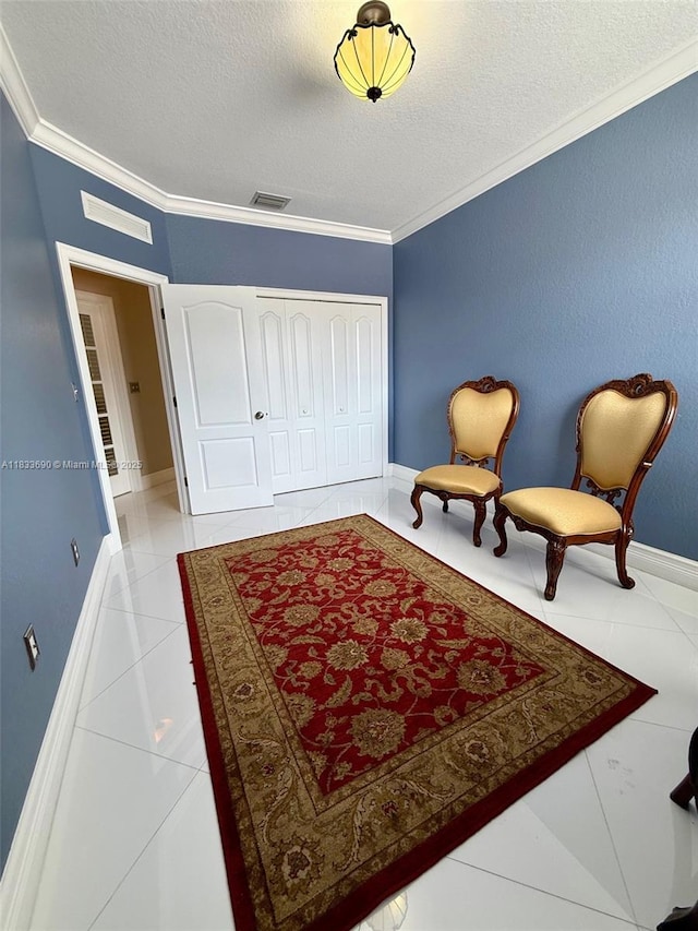 14601 SW 30th St, Miami, FL 33175 - living area featuring a textured ceiling, ornamental molding, and light tile patterned floors