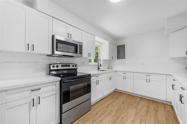 2050 NW 30th Ave, Fort Lauderdale, FL 33311 - kitchen featuring appliances with stainless steel finishes, electric panel, light wood-style flooring, tasteful backsplash, and white cabinets