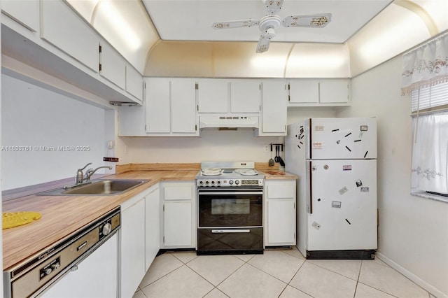 10304 Sunrise Lakes Blvd Unit 209, Sunrise, FL 33322 - kitchen with white appliances, under cabinet range hood, light tile patterned flooring, light countertops, and a ceiling fan