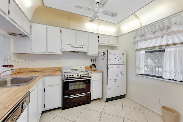 10304 Sunrise Lakes Blvd Unit 209, Sunrise, FL 33322 - kitchen featuring white appliances, under cabinet range hood, ceiling fan, light tile patterned floors, and light countertops