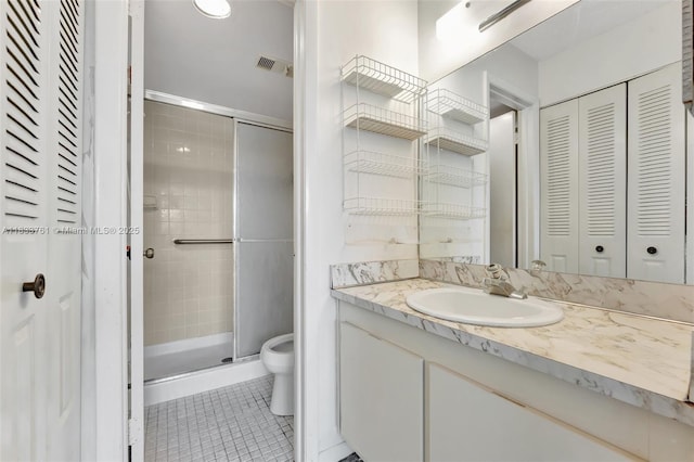 10304 Sunrise Lakes Blvd Unit 209, Sunrise, FL 33322 - bathroom with a closet, a stall shower, vanity, and tile patterned floors