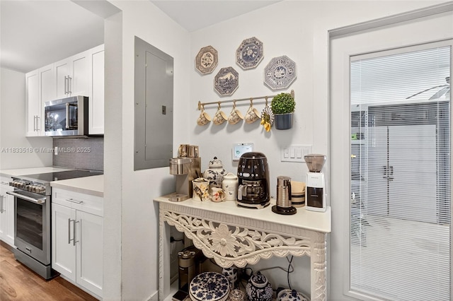240 NE 97th St, Miami Shores, FL 33138 - kitchen with appliances with stainless steel finishes, electric panel, white cabinetry, and light countertops