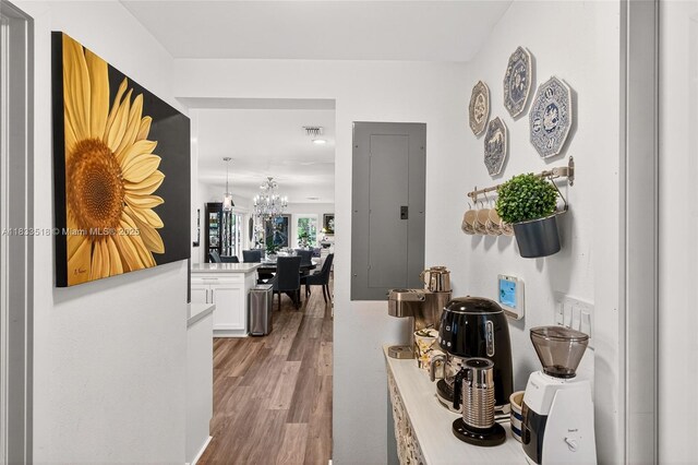 240 NE 97th St, Miami Shores, FL 33138 - corridor with a chandelier, light wood-style floors, and electric panel