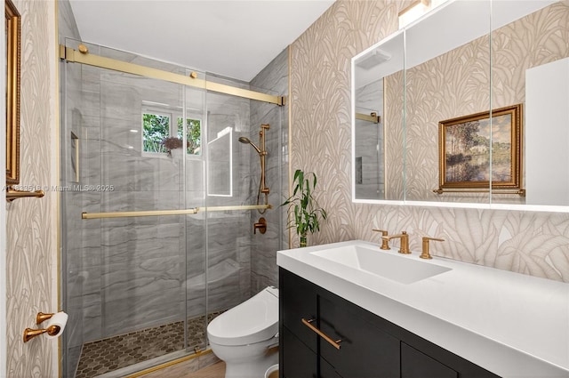 240 NE 97th St, Miami Shores, FL 33138 - bathroom featuring vanity, a shower stall, and wallpapered walls