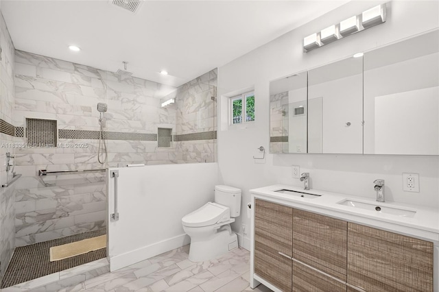 240 NE 97th St, Miami Shores, FL 33138 - full bath featuring marble look tiles, double vanity, walk in shower, and recessed lighting