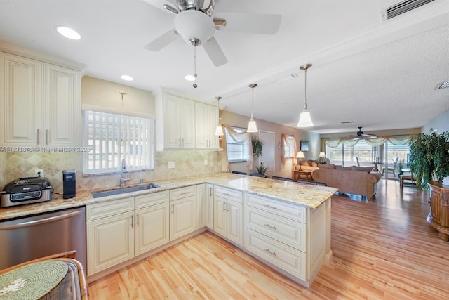841 Meadowlark Ln, Delray Beach, FL 33445 - kitchen featuring dishwasher, ceiling fan, light wood finished floors, a peninsula, and recessed lighting