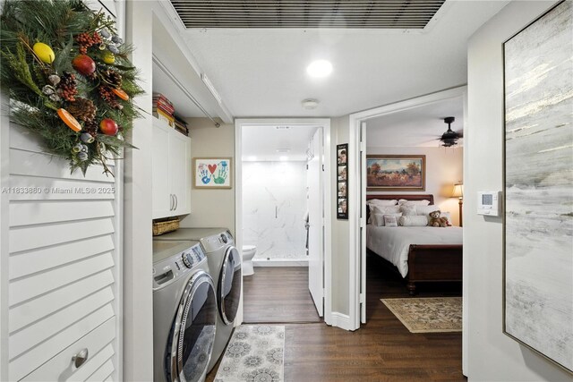 1651 SW 127th Ave Unit 301A, Pembroke Pines, FL 33027 - laundry area featuring cabinet space, independent washer and dryer, dark wood finished floors, and a ceiling fan