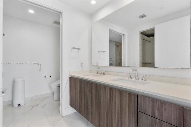 488 NE 18th St Unit 1503, Miami, FL 33132 - full bath with double vanity, marble look tile flooring, recessed lighting, and a shower