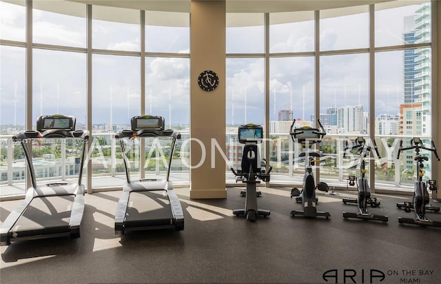 488 NE 18th St Unit 1503, Miami, FL 33132 - gym with a view of city and a wall of windows