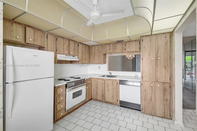 1001 Colony Point Cir Unit 220, Pembroke Pines, FL 33026 - kitchen with white appliances, under cabinet range hood, light countertops, and a ceiling fan