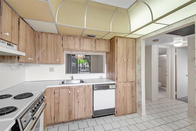 1001 Colony Point Cir Unit 220, Pembroke Pines, FL 33026 - kitchen featuring white appliances, under cabinet range hood, light countertops, and light tile patterned floors