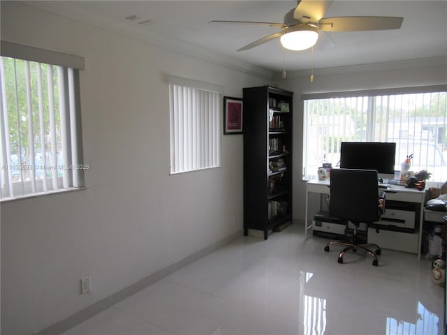 6910 SW 26th Ct, Miramar, FL 33023 - tiled office space featuring crown molding and a ceiling fan