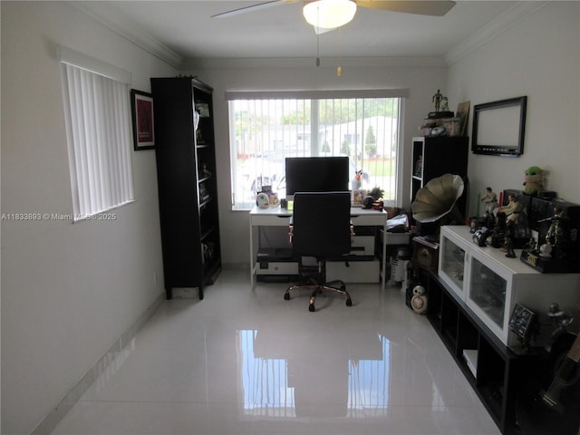 6910 SW 26th Ct, Miramar, FL 33023 - office featuring a ceiling fan, crown molding, and tile patterned floors