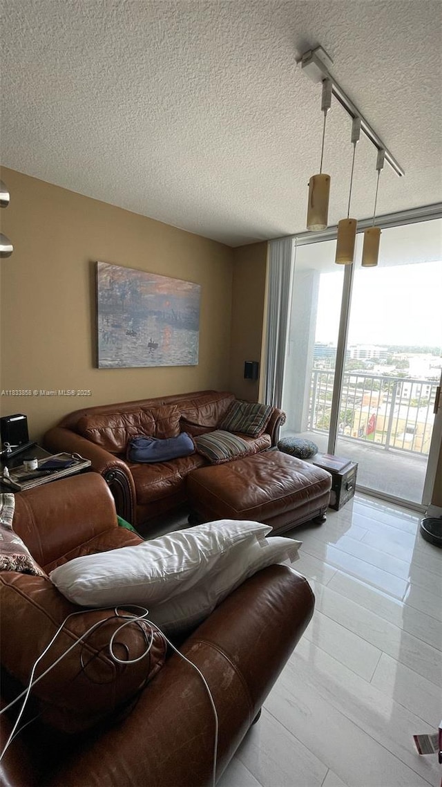 1250 S Miami Ave Unit 1209, Miami, FL 33130 - living area with a textured ceiling, a wall of windows, and rail lighting