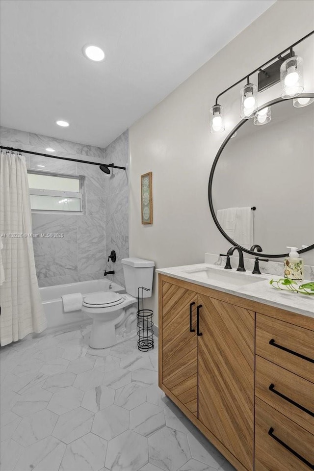 9360 SW 185th St, Cutler Bay, FL 33157 - full bathroom featuring shower / tub combo, vanity, marble look tile flooring, and recessed lighting