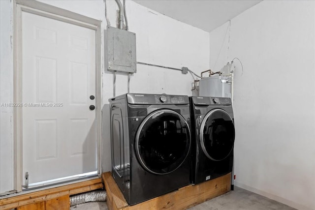 9360 SW 185th St, Cutler Bay, FL 33157 - laundry area featuring electric panel, washing machine and dryer, and water heater