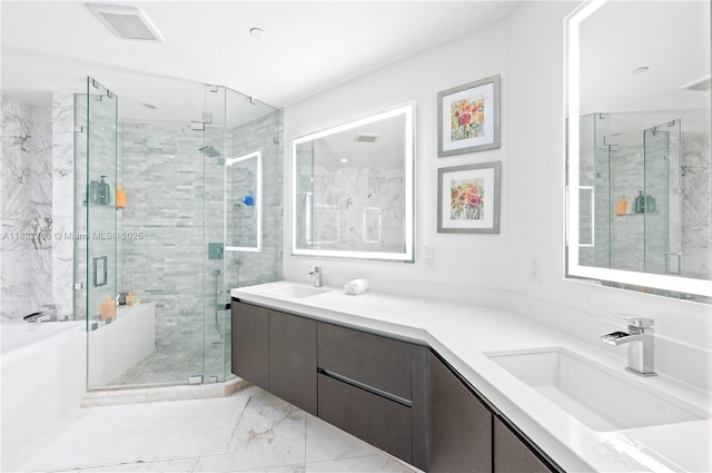 851 NE 1st Ave Unit 1410, Miami, FL 33132 - full bath featuring double vanity, a marble finish shower, a bath, and marble look tiles