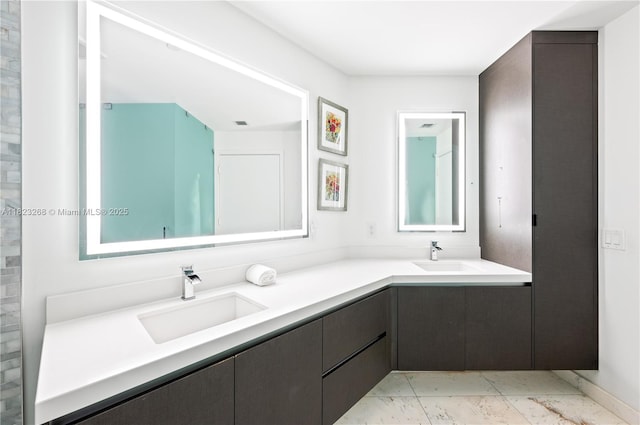 851 NE 1st Ave Unit 1410, Miami, FL 33132 - full bathroom featuring double vanity and marble look tiles