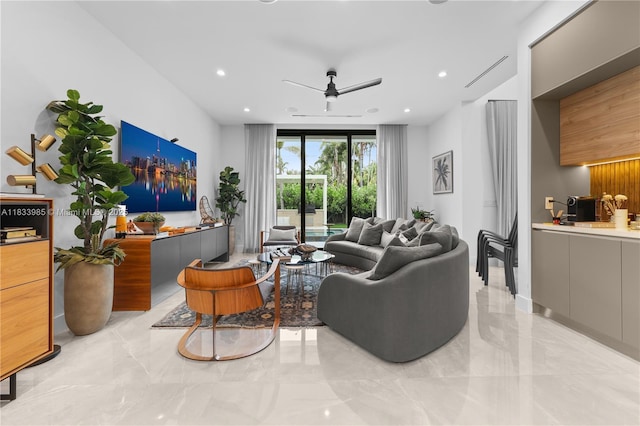 436 NE 10th Ave, Fort Lauderdale, FL 33301 - living area with light marble finish flooring, ceiling fan, and recessed lighting