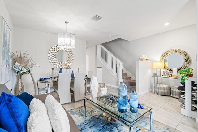 10468 W 33rd Ln, Hialeah, FL 33018 - tiled living room with stairway, a chandelier, and recessed lighting