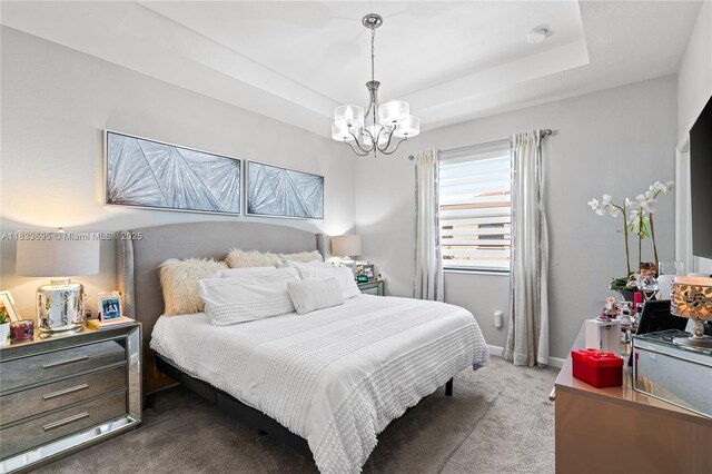 10468 W 33rd Ln, Hialeah, FL 33018 - carpeted bedroom with a chandelier and a tray ceiling