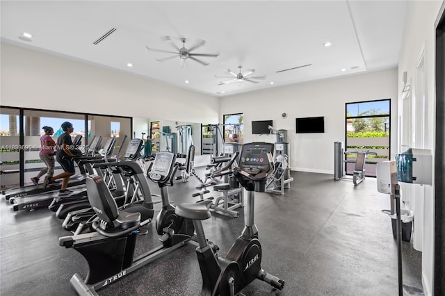 10468 W 33rd Ln, Hialeah, FL 33018 - exercise room featuring a ceiling fan and recessed lighting