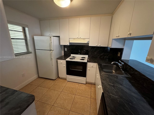 10875 SW 112th Ave Unit 206, Miami, FL 33176 - kitchen featuring freestanding refrigerator, under cabinet range hood, range with electric stovetop, decorative backsplash, and light tile patterned floors