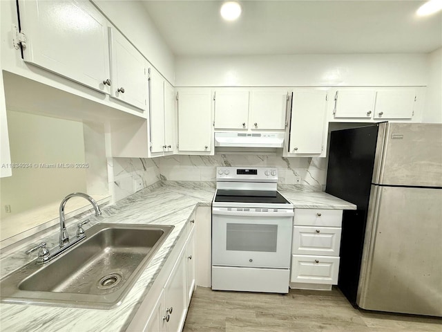11925 NE 2nd Ave Unit B207, North Miami, FL 33161 - kitchen featuring freestanding refrigerator, electric range, under cabinet range hood, white cabinetry, and light countertops