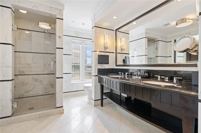 4391 Collins Ave Unit 623, Miami Beach, FL 33140 - full bathroom featuring double vanity, a stall shower, recessed lighting, and tile patterned flooring