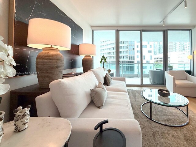 1331 Brickell Bay Dr Unit 506, Miami, FL 33131 - living room featuring rail lighting, plenty of natural light, and wood finished floors
