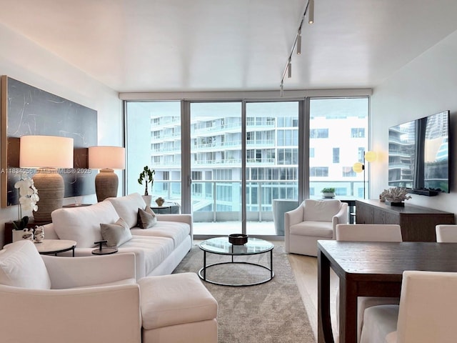 1331 Brickell Bay Dr Unit 506, Miami, FL 33131 - living area with a wall of windows, track lighting, and light carpet