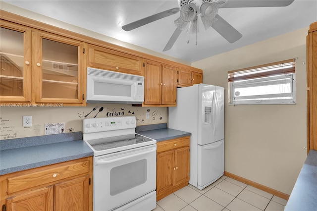 1100 NW 87th Ave Unit 306, Coral Springs, FL 33071 - kitchen featuring white appliances, ceiling fan, glass insert cabinets, light tile patterned floors, and brown cabinetry