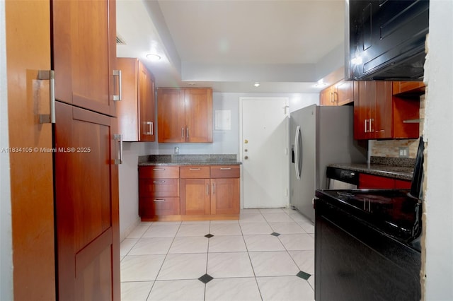 230 174th St Unit 2207, Sunny Isles Beach, FL 33160 - kitchen with dark countertops, dishwashing machine, light tile patterned floors, brown cabinetry, and black electric range