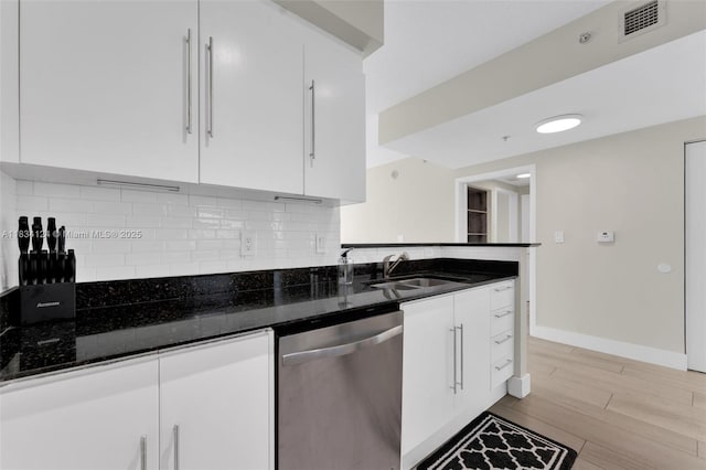 325 S Biscayne Blvd Unit 2816, Miami, FL 33131 - kitchen featuring stainless steel dishwasher, white cabinetry, light wood-style flooring, and backsplash