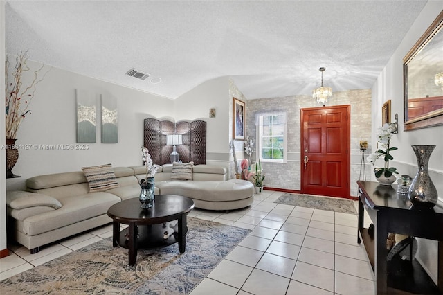 14355 SW 158th St, Miami, FL 33177 - living room with vaulted ceiling, a textured ceiling, light tile patterned flooring, and a chandelier