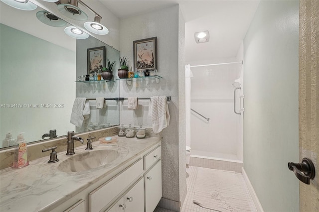 4350 Hillcrest Dr Unit 303, Hollywood, FL 33021 - full bathroom with vanity, a stall shower, and tile patterned floors