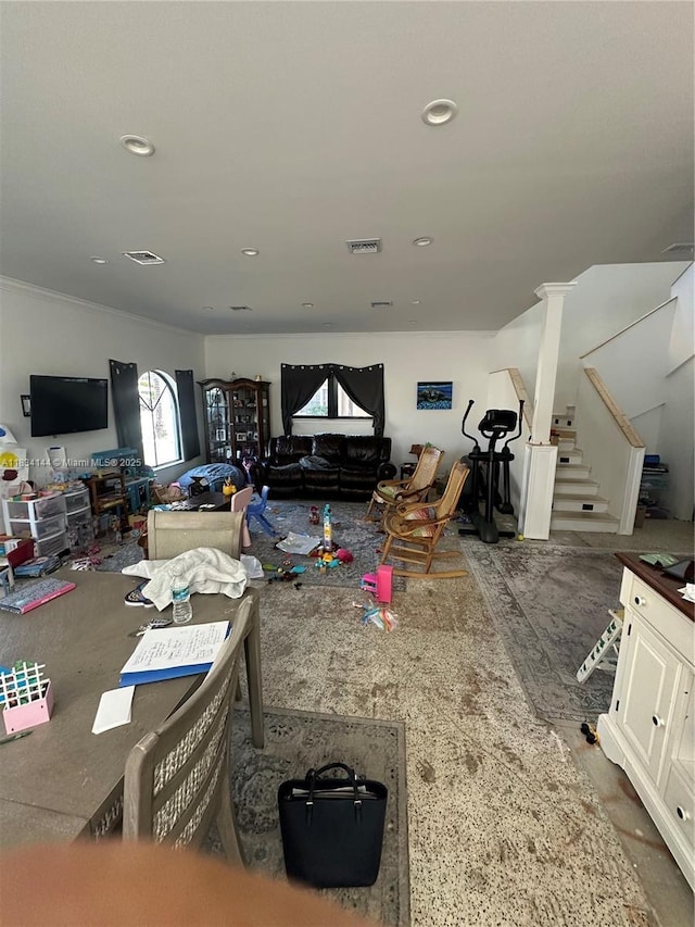 5900 NE 21st Ln, Fort Lauderdale, FL 33308 - living room with stairway, recessed lighting, and ornamental molding