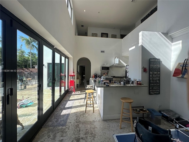 5900 NE 21st Ln, Fort Lauderdale, FL 33308 - kitchen featuring wall chimney range hood, a kitchen breakfast bar, a towering ceiling, dark countertops, and arched walkways