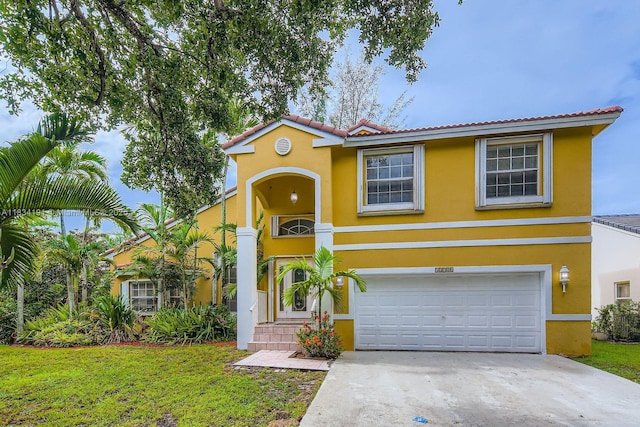 12700 SW 18th St, Miramar, FL 33027 - view of front of property with an attached garage, stucco siding, driveway, a front lawn, and a tile roof